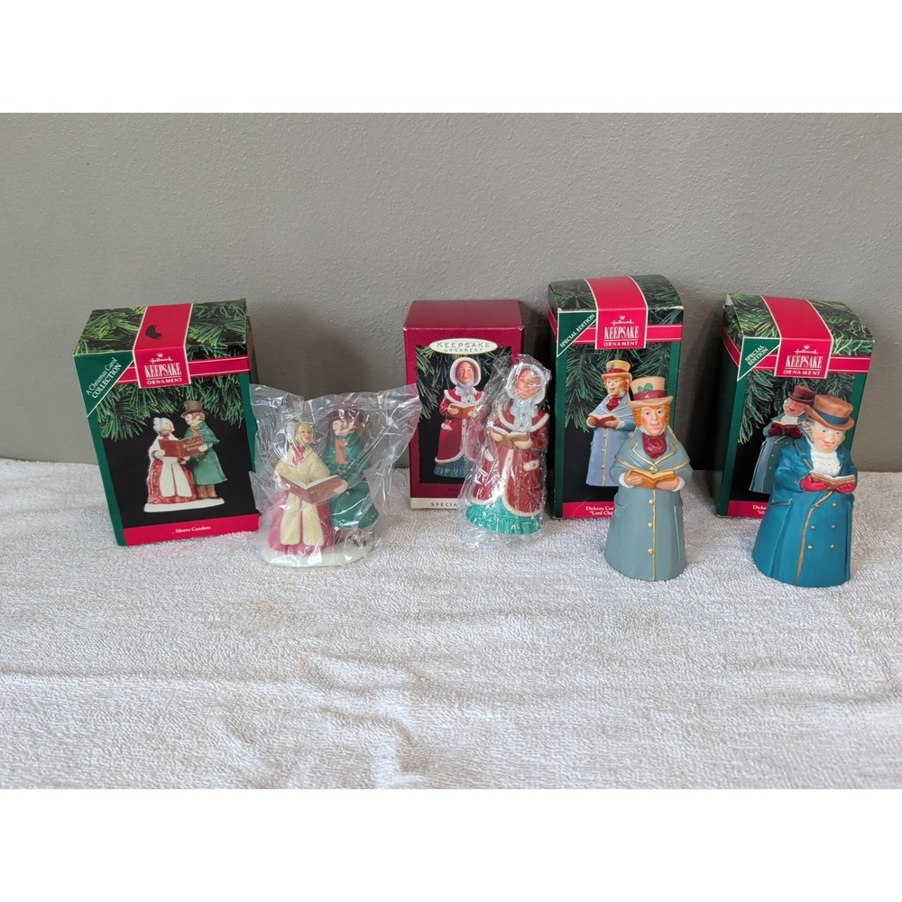 Lot of 4 Vintage Hallmark Dickens Carolers Bell Ornaments 90's Christmas Merry